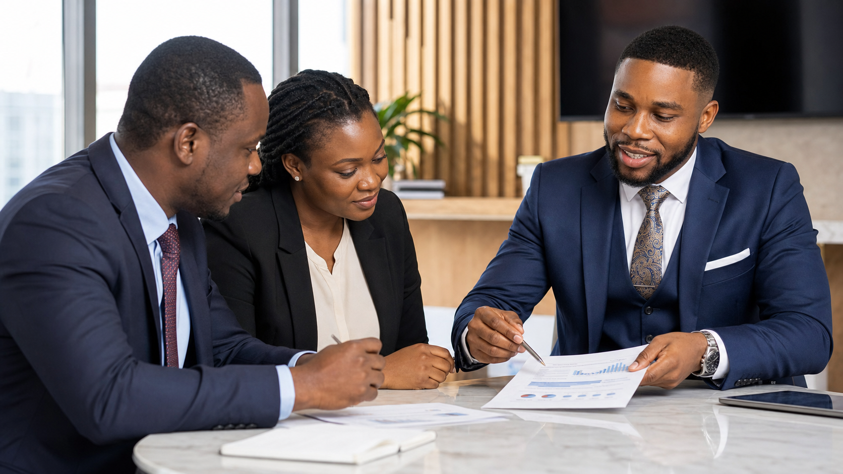 Bernard discussing economic evidence with two clients
