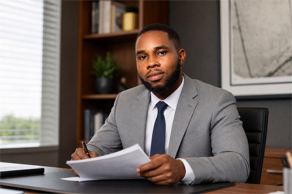 Bernard reviewing documents at his executive desk