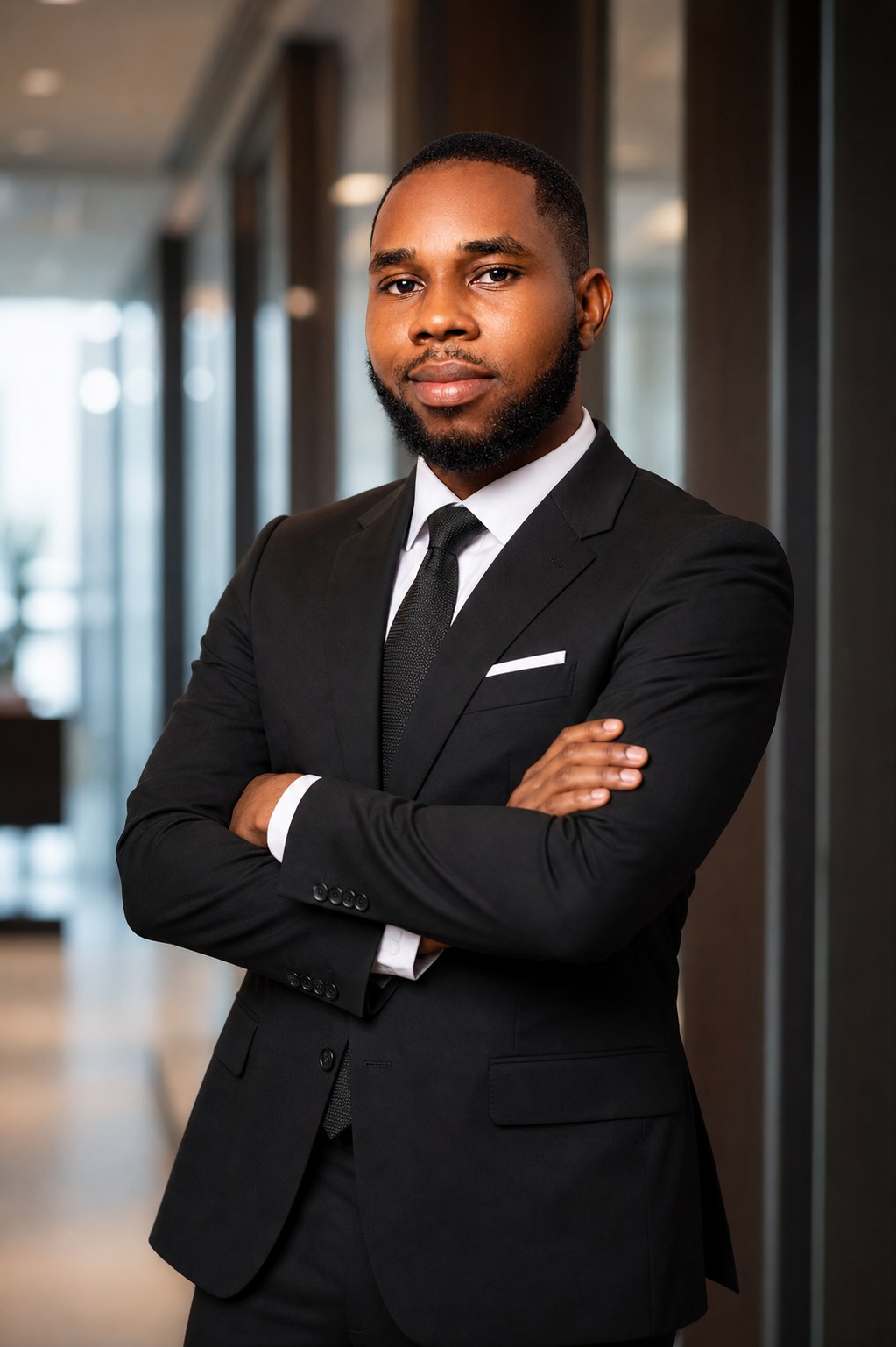 Bernard standing confidently in a corporate office