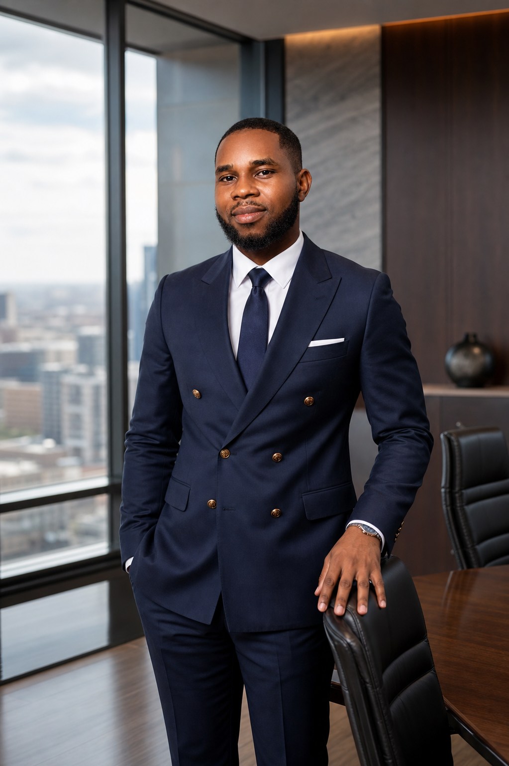 Bernard in a royal-blue suit in an executive office