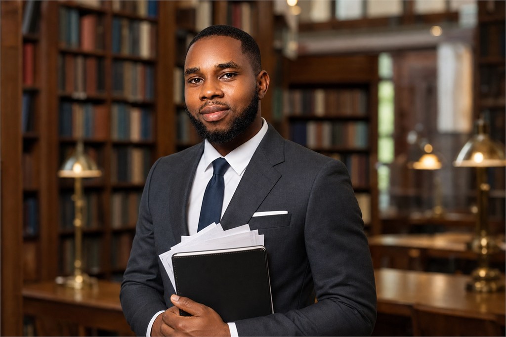 Bernard holding research documents in a university library