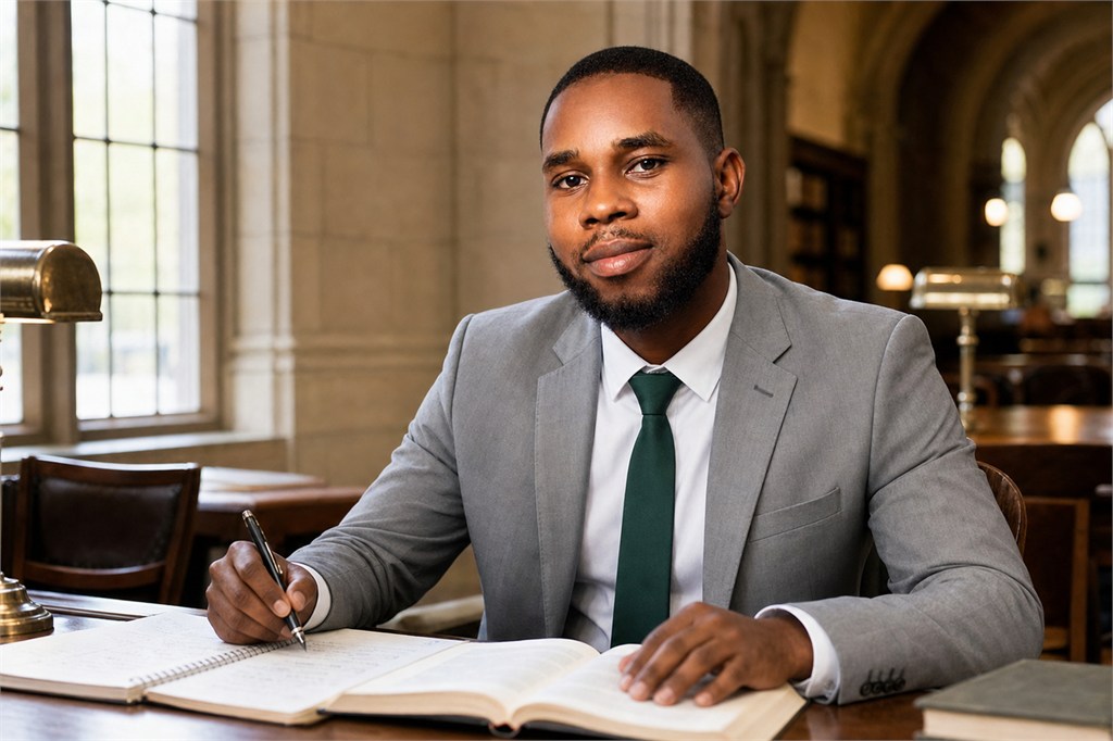Bernard reviewing academic notes at a university reading table