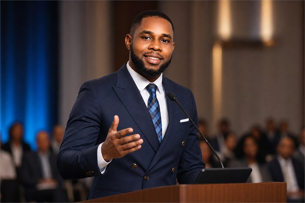 Bernard speaking from a conference podium