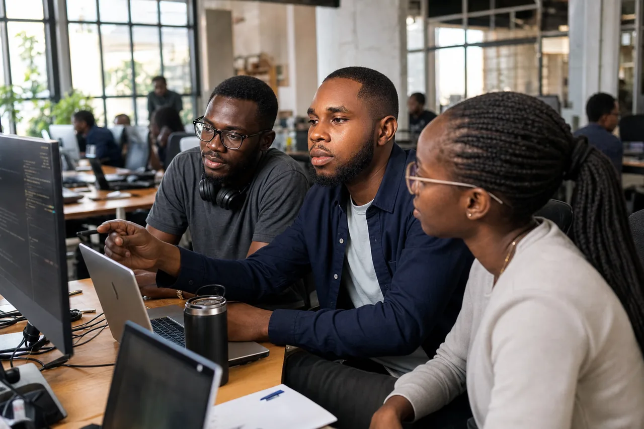 Bernard Benario reviewing software with engineers at a professional technology hub in Accra