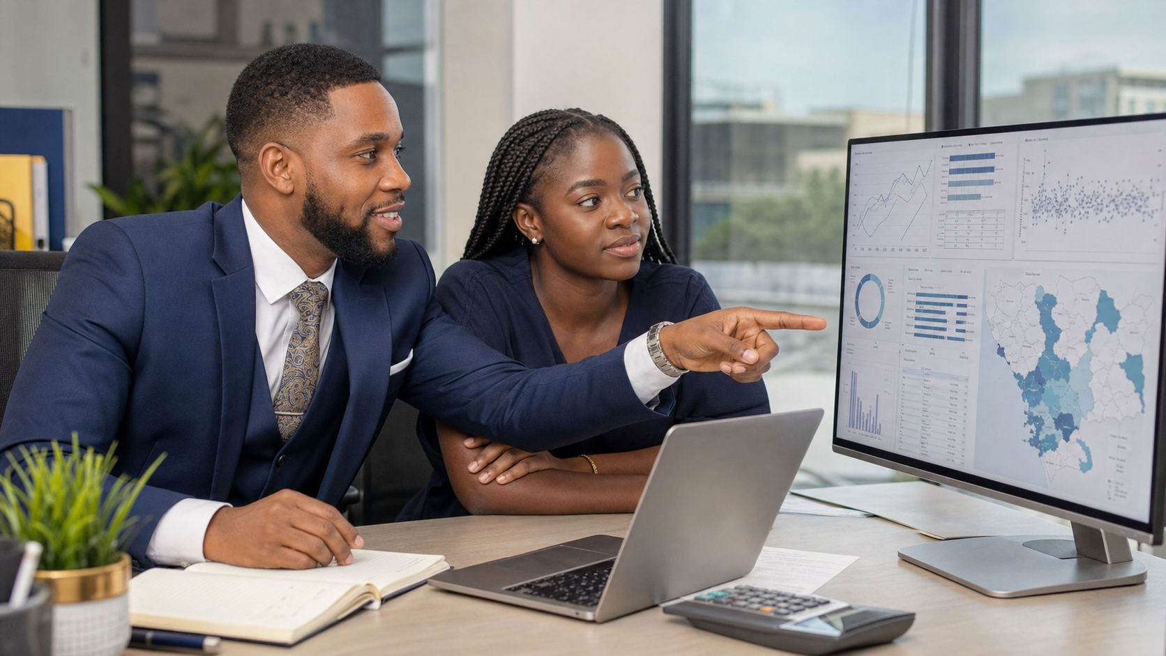 Bernard reviewing statistical results with a data analyst